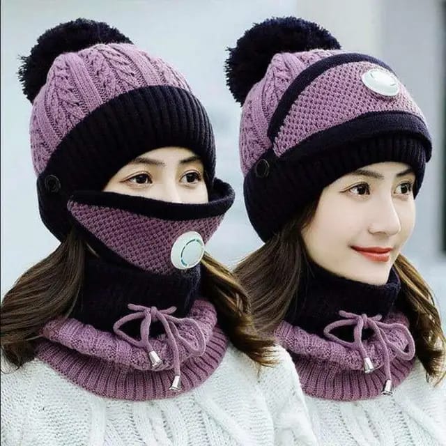 3PCS Womens Winter Warm Scarf Knitted Hat Mask With Filter Set Fashion Thickened Face Cover Outdoor UV Protection