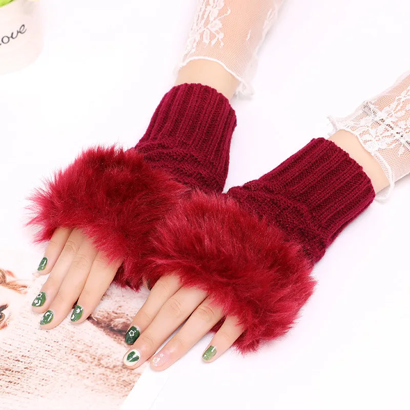 Fingerless Winter Gloves, Rabbit Fur Mitten Gloves, Faux Fur Fluffy Winter Gloves, Woolen Crochet Knitted Wrist Warmer Glove, Winter Half Finger Gloves, Warmer Stylish Gloves