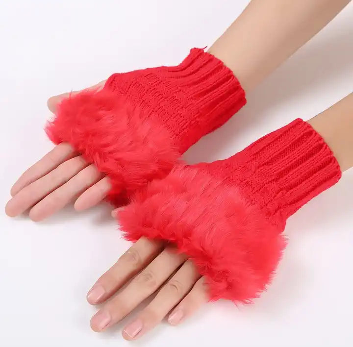 Fingerless Winter Gloves, Rabbit Fur Mitten Gloves, Faux Fur Fluffy Winter Gloves, Woolen Crochet Knitted Wrist Warmer Glove, Winter Half Finger Gloves, Warmer Stylish Gloves