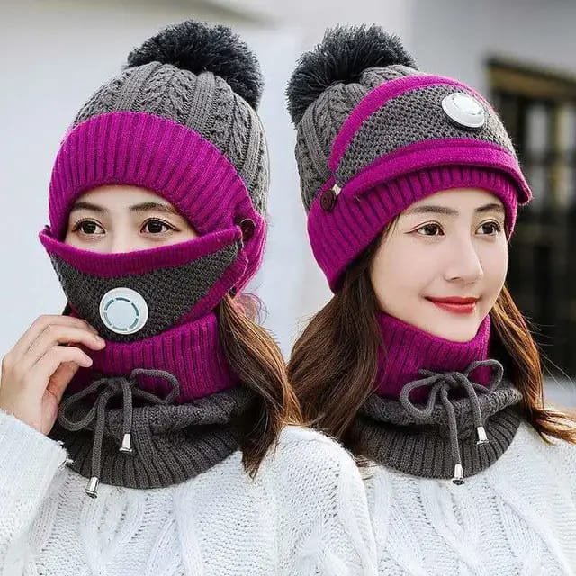 3PCS Womens Winter Warm Scarf Knitted Hat Mask With Filter Set Fashion Thickened Face Cover Outdoor UV Protection