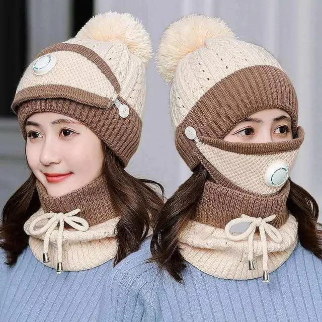 3PCS Womens Winter Warm Scarf Knitted Hat Mask With Filter Set Fashion Thickened Face Cover Outdoor UV Protection