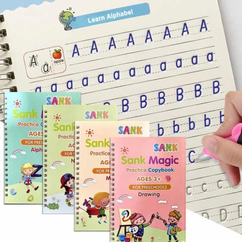 Reusable Sank Magic Practice Copybook Montessori Reusable Magic Books for Kids Handwriting Free Wiping Calligraphy Montessori Practice Copy Books (4 Magic Books + 1Magic Pen + 10 Refills + 1Grip