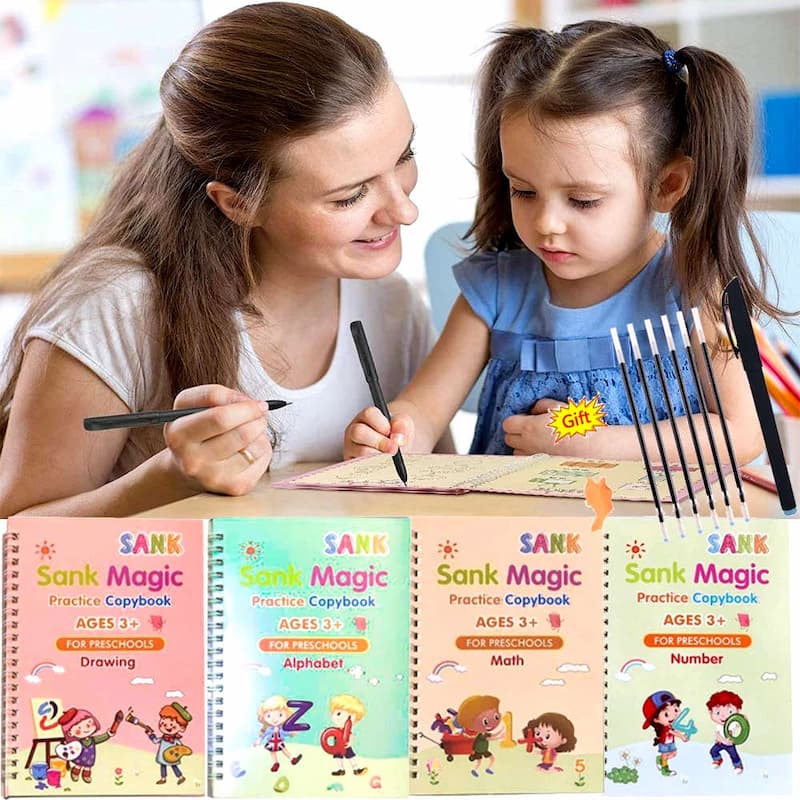 Reusable Sank Magic Practice Copybook Montessori Reusable Magic Books for Kids Handwriting Free Wiping Calligraphy Montessori Practice Copy Books (4 Magic Books + 1Magic Pen + 10 Refills + 1Grip