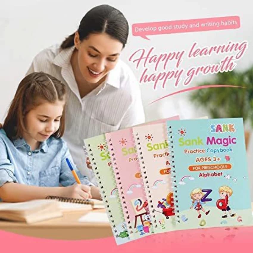 Reusable Sank Magic Practice Copybook Montessori Reusable Magic Books for Kids Handwriting Free Wiping Calligraphy Montessori Practice Copy Books (4 Magic Books + 1Magic Pen + 10 Refills + 1Grip